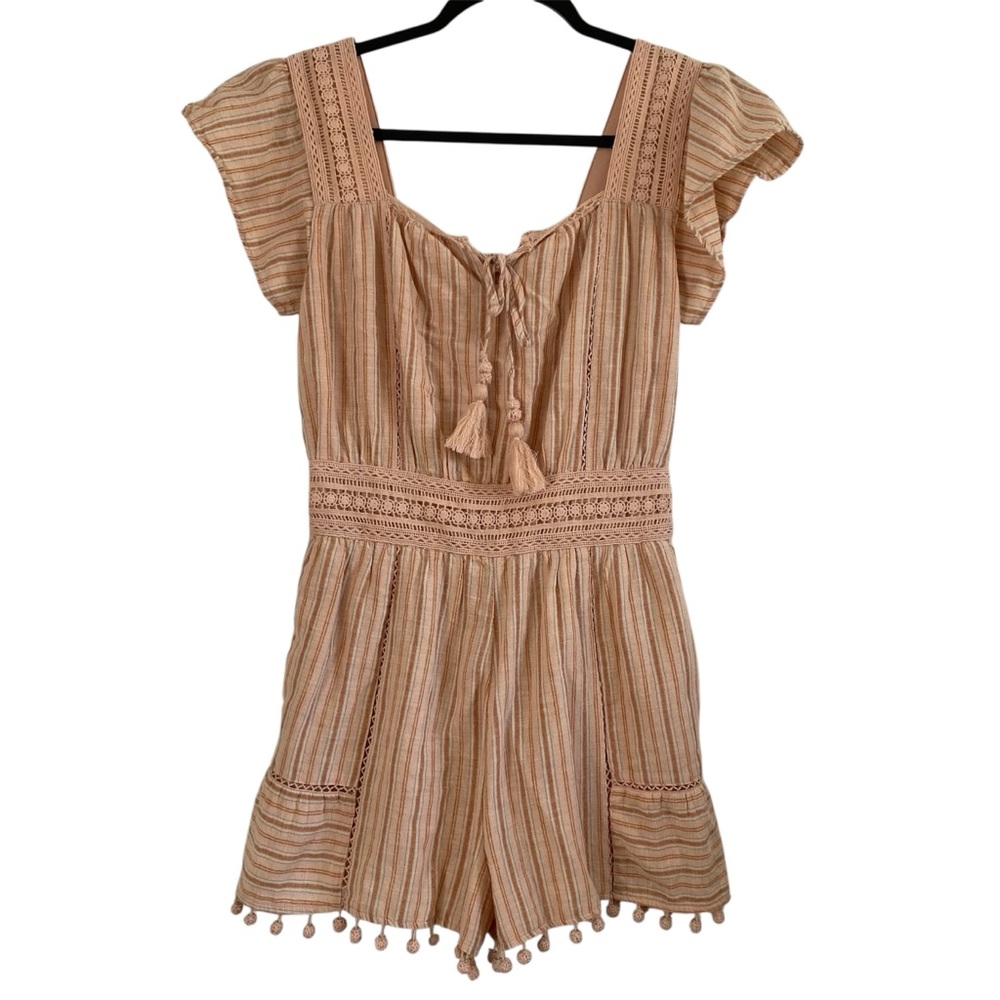Boho Linen Blend Romper Tassel Tie Flutter Sleeve Cottagecore American Eagle S